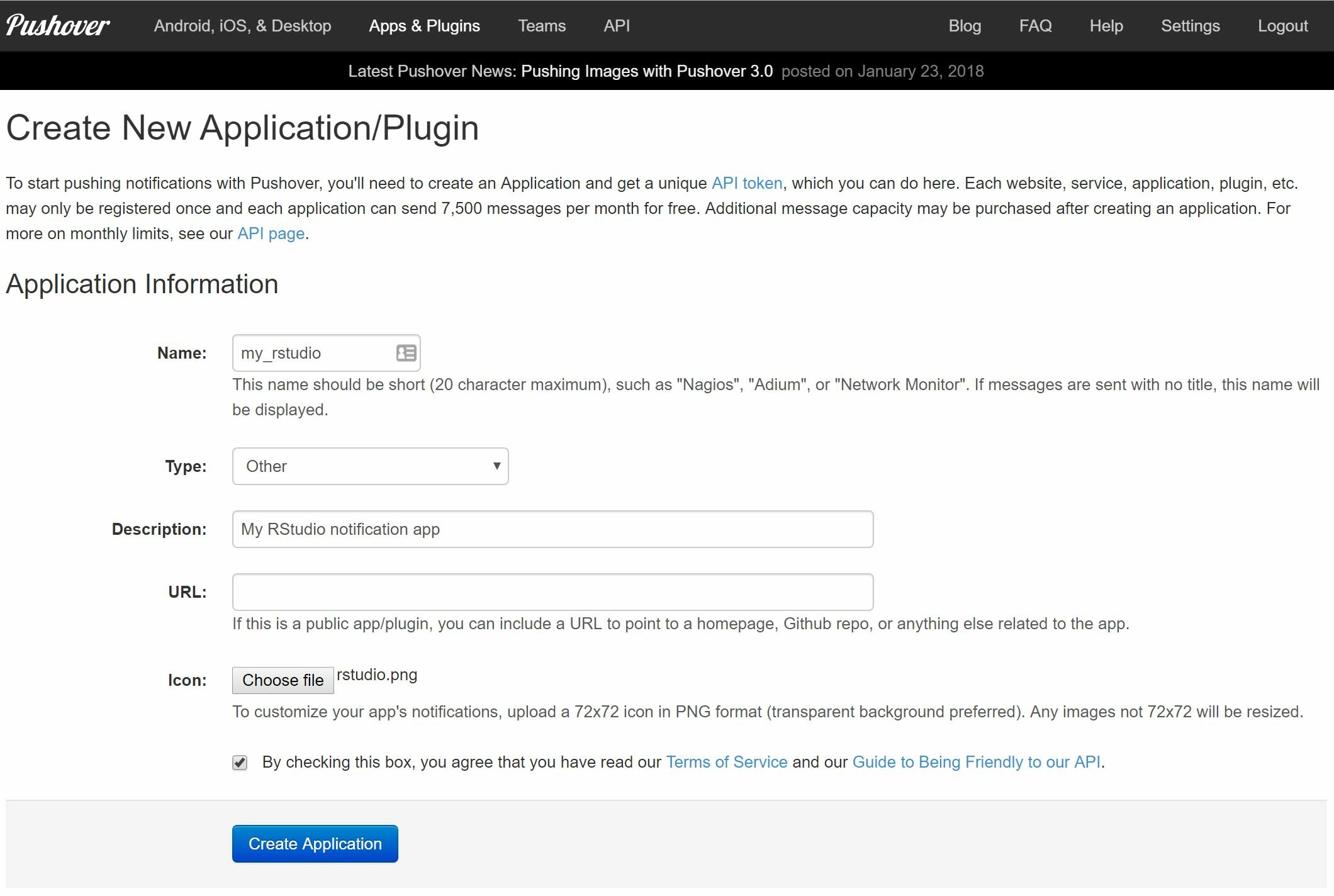 Screenshot of Pushover app creation form fields